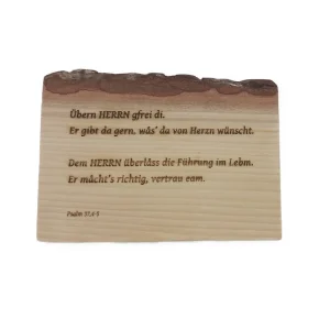 Holzkarte, Holzschild: Psalm 37,4-5 in Regionalsprache - mit und ohne Waldkante